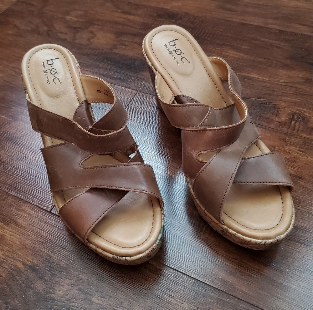 b.o.c. Tan Wedge Leather Sandals, Size 9